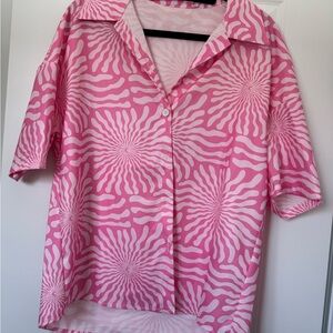 SHEIN Pink and White Swirl Button Down Shirt
